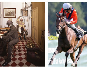 Links: Ein Jockey auf der Waage. Quelle: National Horseracing Museum, Newmarket. Rechts: Danedream - der Shooting Star 2011 Foto: Rennverein Berlin-Hoppegarten. 